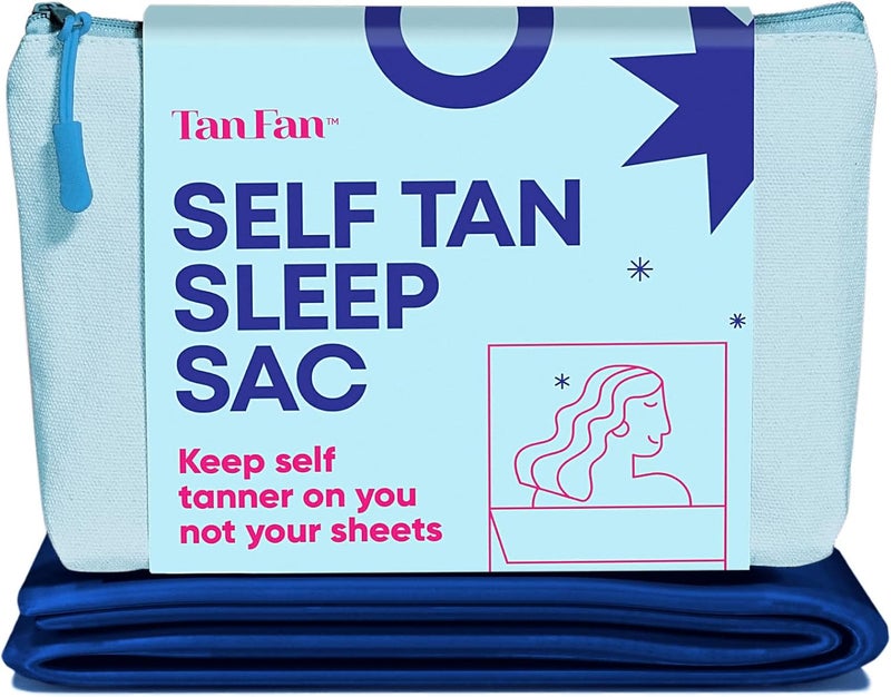 Tan Fan كيس النوم الذاتي التان - حافظ على نظافة الملاءات من بقع التان - 100% بولي سيلكي بارد - لن يفرك أو يمتص لوشن التان - خفيف الوزن وكبير مع فتحات للأقدام (كحلي) - Image 1